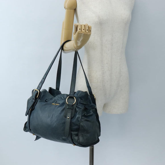 Miu Miu Side Ribbon Tote Bag Leather Blue Gold Auth fm5469V