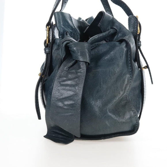 Miu Miu Side Ribbon Tote Bag Leather Blue Gold Auth fm5469V
