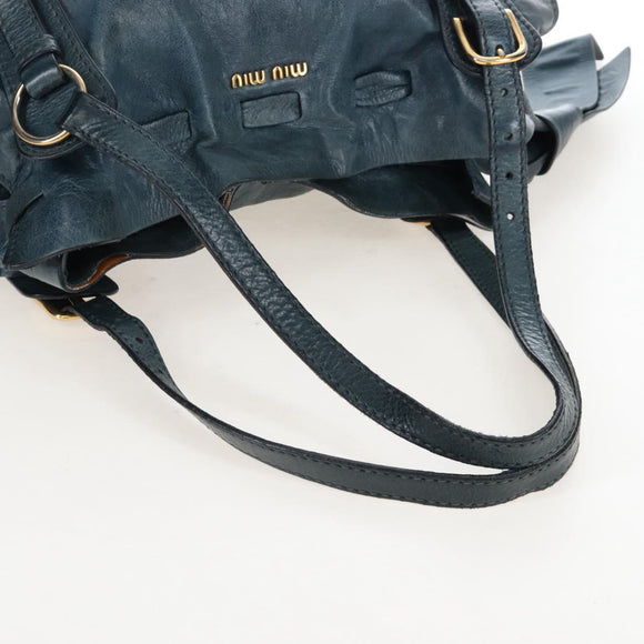 Miu Miu Side Ribbon Tote Bag Leather Blue Gold Auth fm5469V
