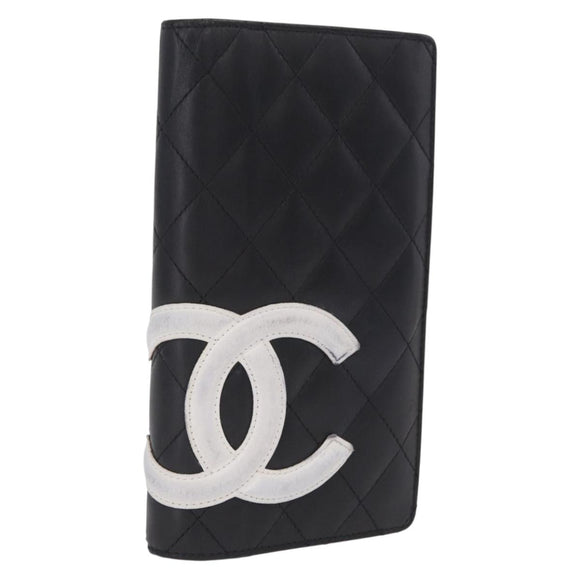 CHANEL Cambon Line Long Wallet Lamb Skin Black CC Auth fm5490