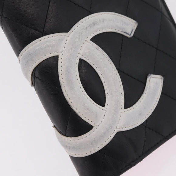 CHANEL Cambon Line Long Wallet Lamb Skin Black CC Auth fm5490