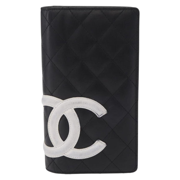 CHANEL Cambon Line Long Wallet Lamb Skin Black CC Auth fm5490