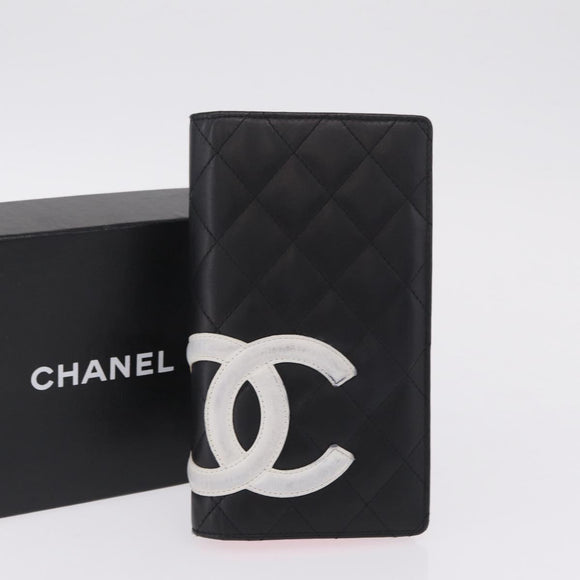 CHANEL Cambon Line Long Wallet Lamb Skin Black CC Auth fm5490