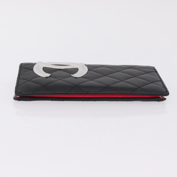 CHANEL Cambon Line Long Wallet Lamb Skin Black CC Auth fm5490