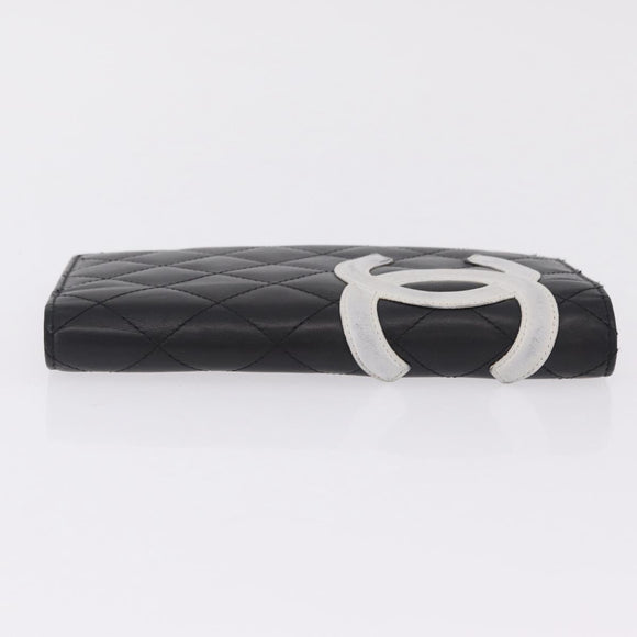 CHANEL Cambon Line Long Wallet Lamb Skin Black CC Auth fm5490