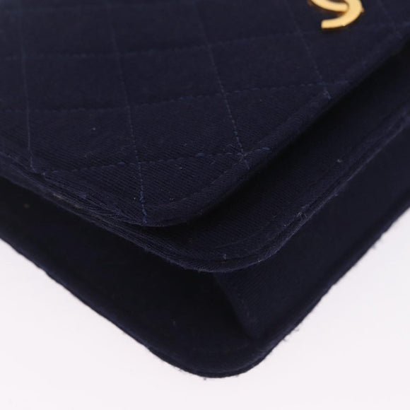 CHANEL Matelasse Chain Shoulder Bag Cotton Navy Gold CC Auth fm5491