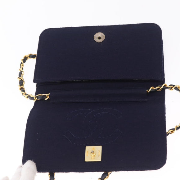 CHANEL Matelasse Chain Shoulder Bag Cotton Navy Gold CC Auth fm5491
