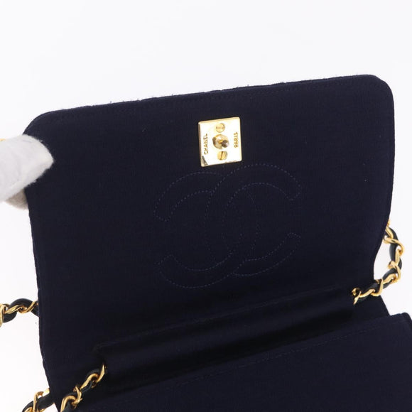 CHANEL Matelasse Chain Shoulder Bag Cotton Navy Gold CC Auth fm5491