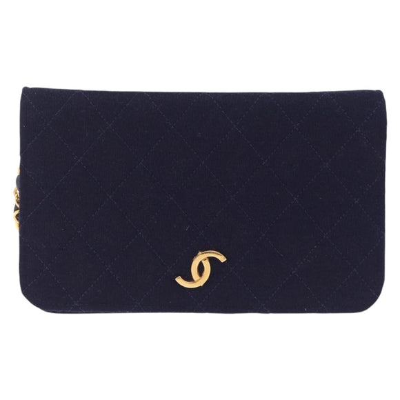 CHANEL Matelasse Chain Shoulder Bag Cotton Navy Gold CC Auth fm5491