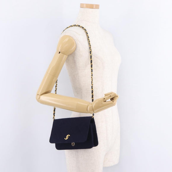 CHANEL Matelasse Chain Shoulder Bag Cotton Navy Gold CC Auth fm5491