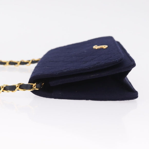 CHANEL Matelasse Chain Shoulder Bag Cotton Navy Gold CC Auth fm5491