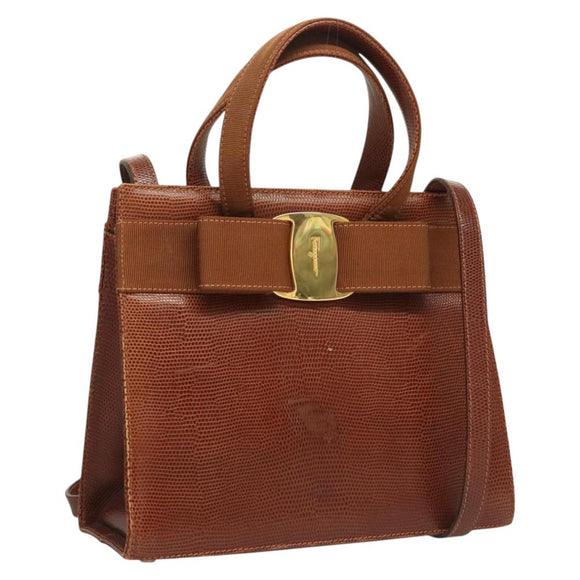 Salvatore Ferragamo Vala Hand Bag Leather Embossed 2way Brown Gold Auth gh015