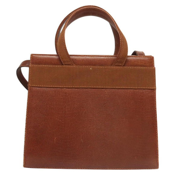Salvatore Ferragamo Vala Hand Bag Leather Embossed 2way Brown Gold Auth gh015