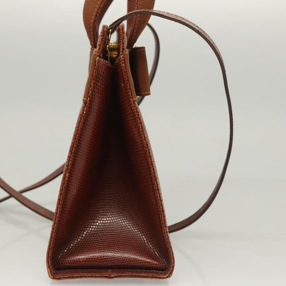 Salvatore Ferragamo Vala Hand Bag Leather Embossed 2way Brown Gold Auth gh015