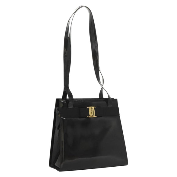 Salvatore Ferragamo Vala Shoulder Bag Patent leather Black Gold Auth gh016