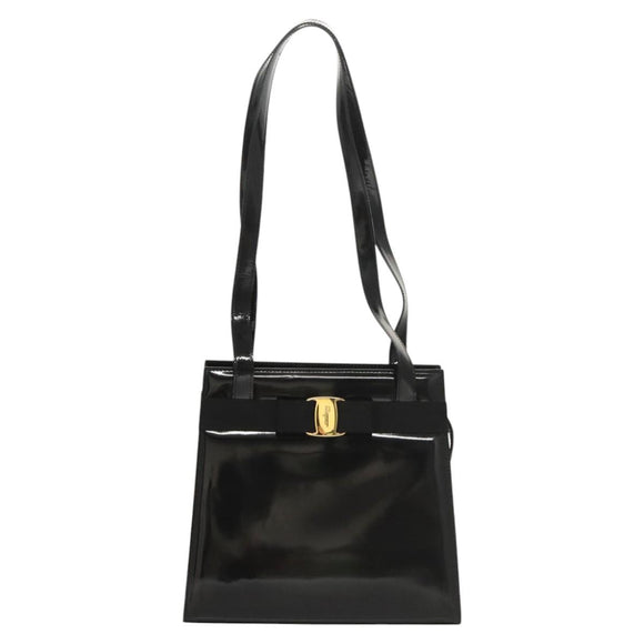Salvatore Ferragamo Vala Shoulder Bag Patent leather Black Gold Auth gh016
