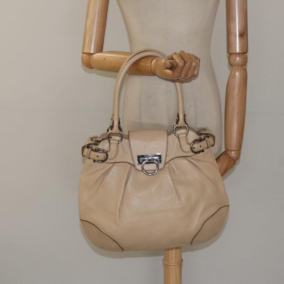 Salvatore Ferragamo Gancini Shoulder Bag Leather Beige Silver Auth gh060