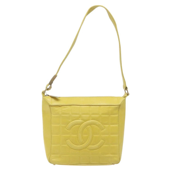 CHANEL Choco Bar COCO Mark Shoulder Bag Lamb Skin Yellow CC Auth gh066
