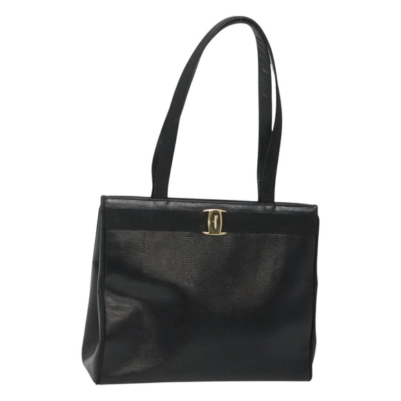 Salvatore Ferragamo Tote Bag Leather Embossed Black Gold Auth gh067