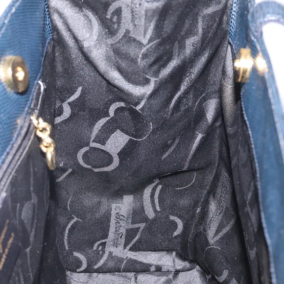 Salvatore Ferragamo Tote Bag Leather Embossed Navy Gold Auth gh069