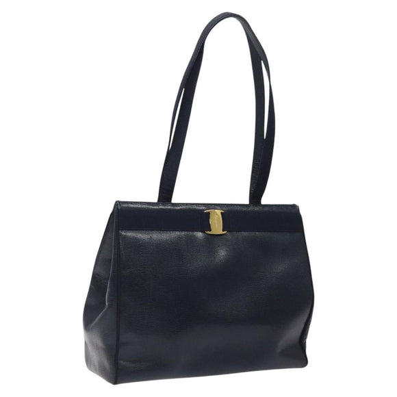 Salvatore Ferragamo Tote Bag Leather Embossed Navy Gold Auth gh069