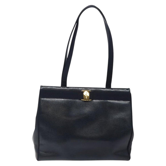 Salvatore Ferragamo Tote Bag Leather Embossed Navy Gold Auth gh069