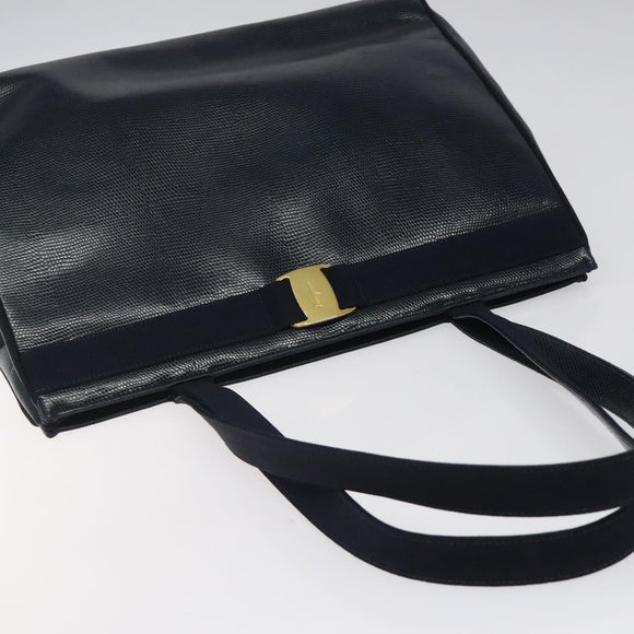 Salvatore Ferragamo Tote Bag Leather Embossed Navy Gold Auth gh069