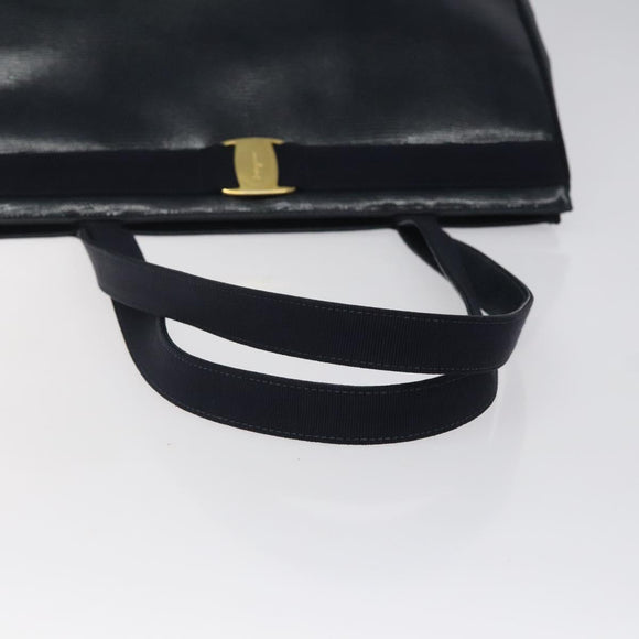 Salvatore Ferragamo Tote Bag Leather Embossed Navy Gold Auth gh069