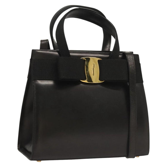 Salvatore Ferragamo Vala Hand Bag Leather 2way Black Gold Auth gh079