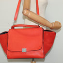 CELINE Trapeze Medium Hand Bag Suede Leather 2way Red Silver Auth gh084-24