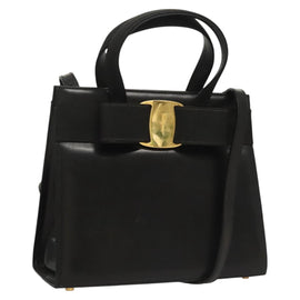 Salvatore Ferragamo Vala Hand Bag Leather 2way Black Gold Auth gh088