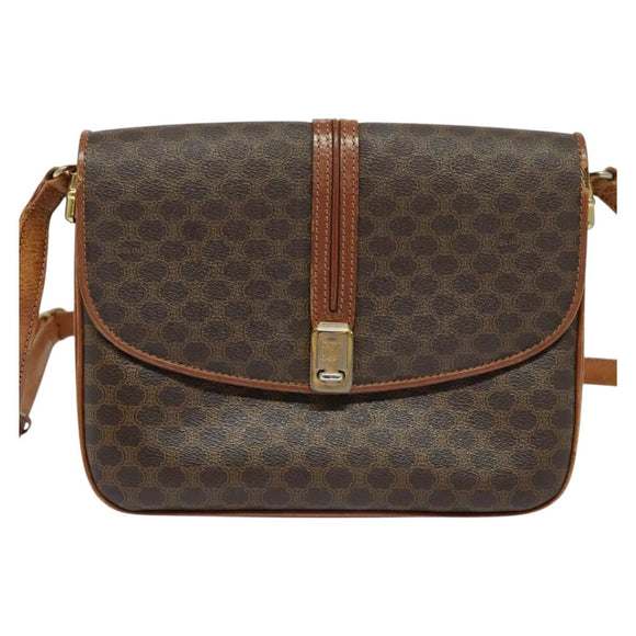 CELINE Macadam Canvas Shoulder Bag PVC Leather Brown Gold Auth gh093