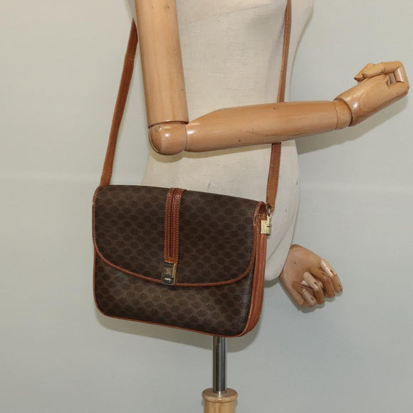 CELINE Macadam Canvas Shoulder Bag PVC Leather Brown Gold Auth gh093