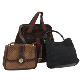 GUCCI Bamboo Shoulder Bag Suede nylon 3Set Black Brown Auth gh1005