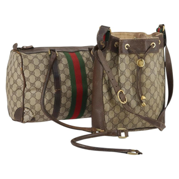 GUCCI GG Supreme Web Sherry Line Shoulder Bag PVC 2 Set Beige Auth gh1006