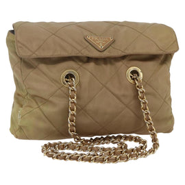 PRADA Chain Shoulder Bag Nylon Beige Gold Auth gh1068