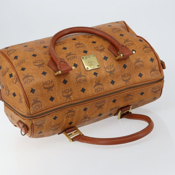 MCM Logogram Vicetos Boston Bag PVC Leather Brown Gold Auth gh1074