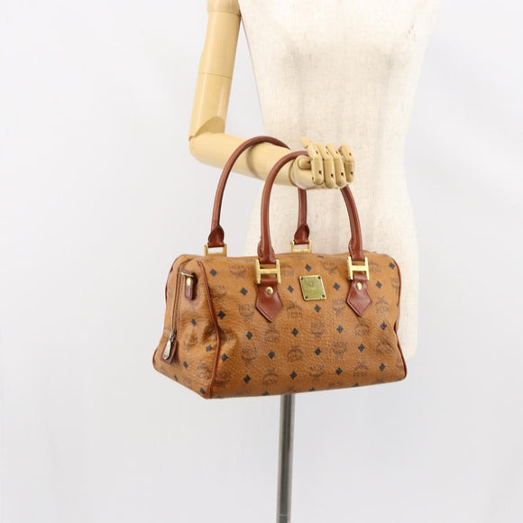MCM Logogram Vicetos Boston Bag PVC Leather Brown Gold Auth gh1075
