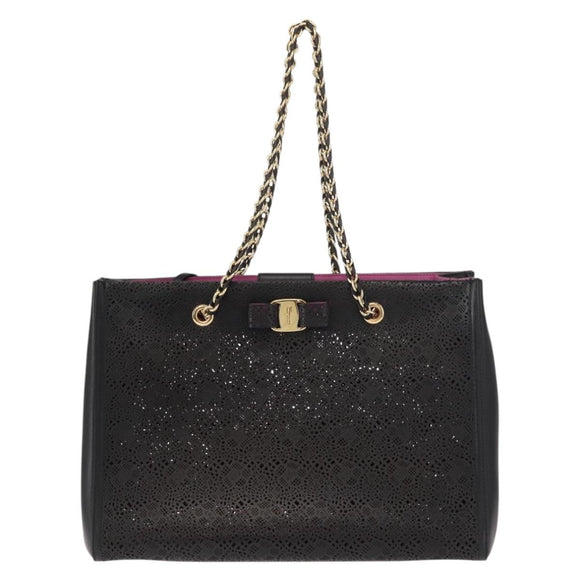Salvatore Ferragamo Vala Chain Tote Bag Leather Black Gold Auth gh1102