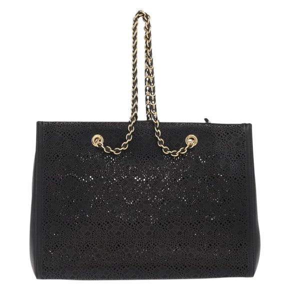Salvatore Ferragamo Vala Chain Tote Bag Leather Black Gold Auth gh1102