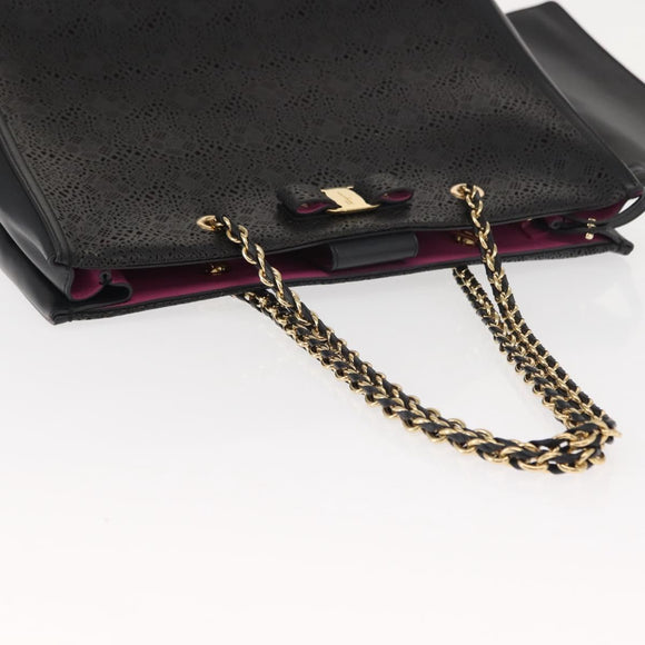 Salvatore Ferragamo Vala Chain Tote Bag Leather Black Gold Auth gh1102