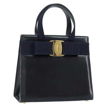 Salvatore Ferragamo Vala Hand Bag Leather Navy Gold Auth gh1106