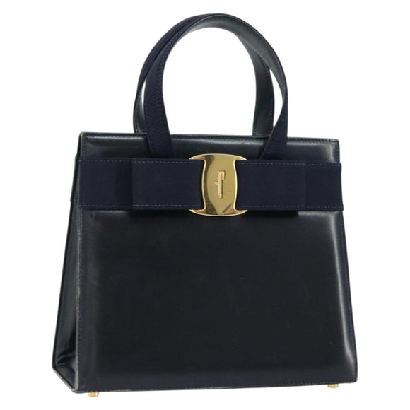 Salvatore Ferragamo Vala Hand Bag Leather Navy Gold Auth gh1106