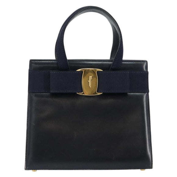 Salvatore Ferragamo Vala Hand Bag Leather Navy Gold Auth gh1106