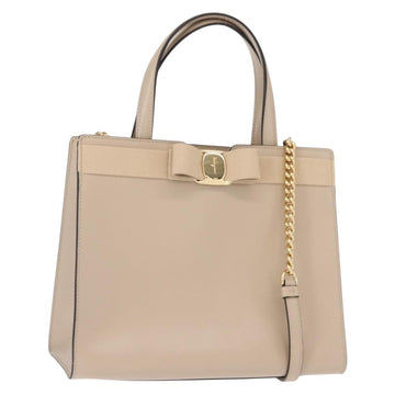 Salvatore Ferragamo Vala Hand Bag Leather 2way Beige Gold Auth gh1107