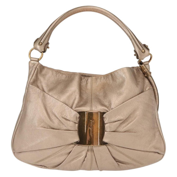 Salvatore Ferragamo Gancini Shoulder Bag Leather 2way Champagne Gold Auth gh1114