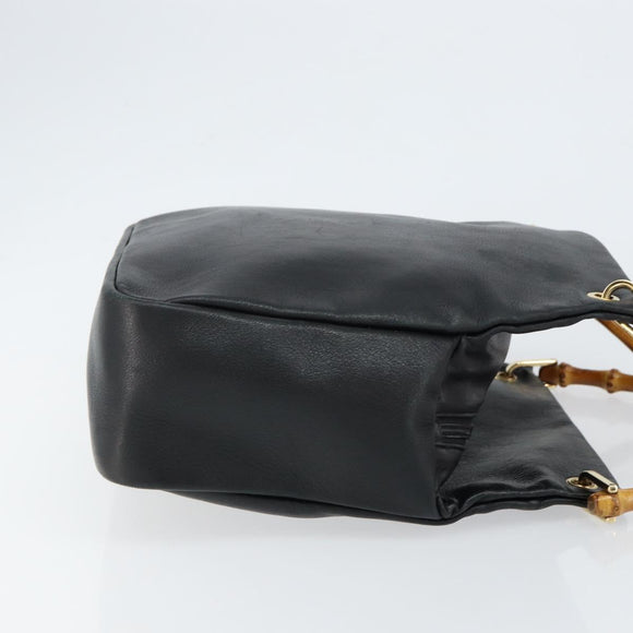 GUCCI Bamboo Hand Bag Leather Black Gold 000 3444 0580 Auth gh1149
