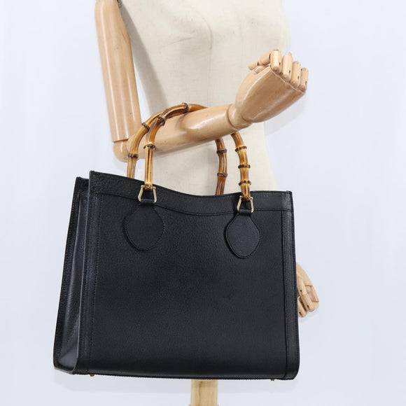 GUCCI Bamboo Hand Bag Leather Black Gold 002 1186 0260 Auth gh1150