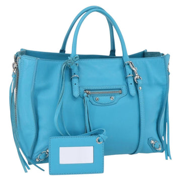 BALENCIAGA Paper Mini Hand Bag Leather 2way Light Blue Silver 370926 Auth gh1159