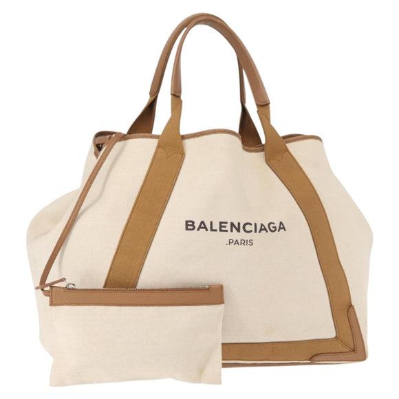 BALENCIAGA Navy Cabas Bag Canvas Leather Light Beige Silver 339936 Auth gh1160